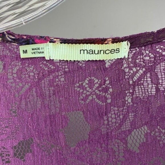 Maurices Purple Sheer Button Down Paisley Floral 3/4 Sleeves Drawstring Waist M - Picture 9 of 9